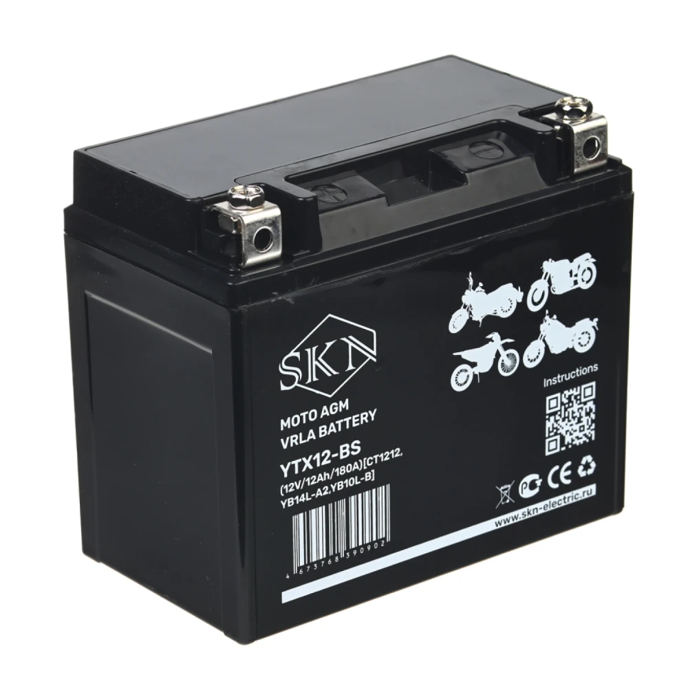 Аккумулятор стартерный для мототехники SKN YTX12-BS (12V/12Ah/180A) [CT 1212, YB14L-A2, YB10L-B]
