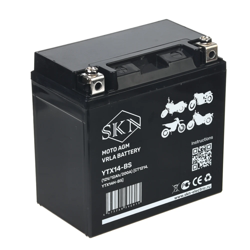 Аккумулятор стартерный для мототехники SKN YTX14L-BS (12V/12Ah/200А) [CT1214, YB14L-A2]