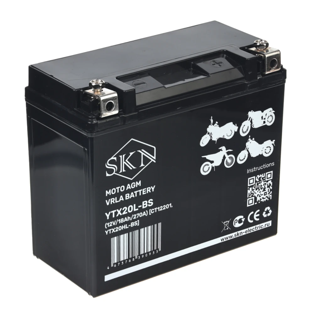 Аккумулятор стартерный для мототехники SKN YTX20L-BS (12V/18Ah/270A) [CT 12201, YTX20HL-BS]