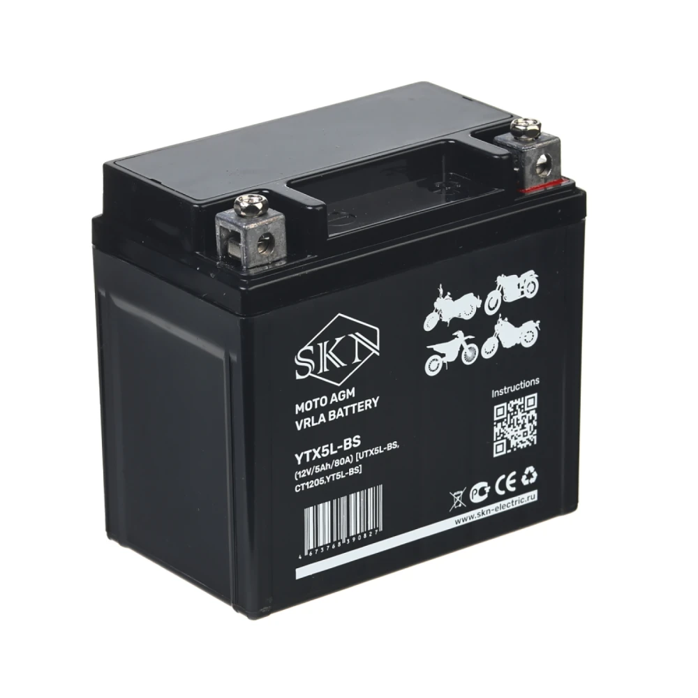 Аккумулятор стартерный для мототехники SKN YTX5L-BS (12V/5Ah/80A) [UTX5L-BS, CT1205, YT5L-BS]